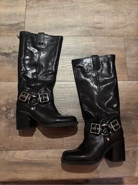 Revolve Raye Lotto Moto Black Leather Mid-Calf Heeled Boots with Buckle Accent